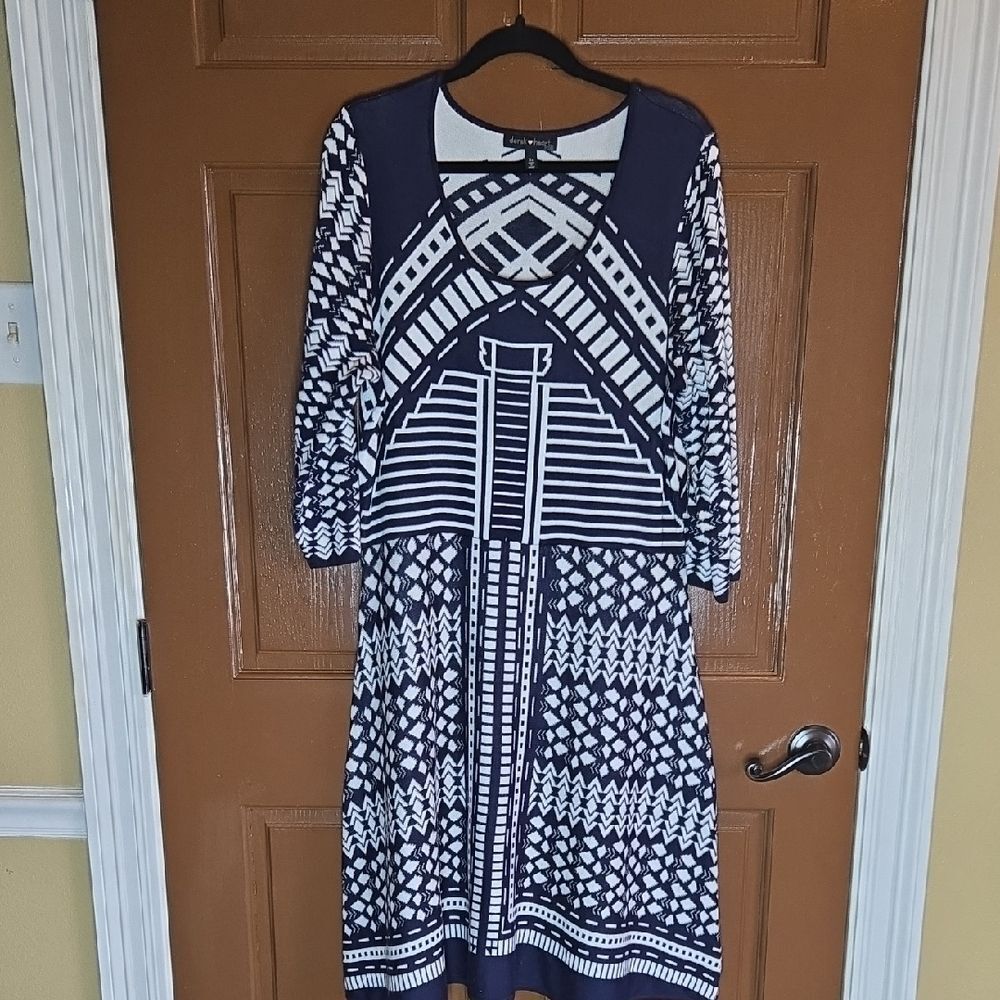 Derek Heart-Navy/white knit print A line sweater dress Sz 3X.